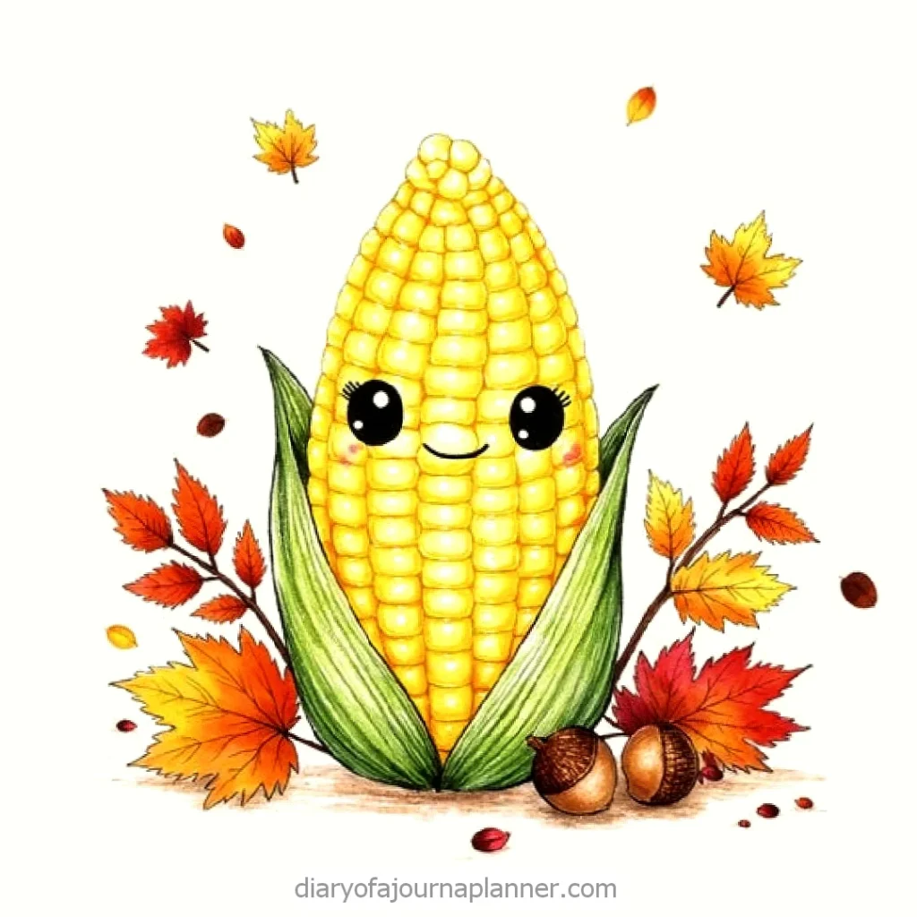 Cute corn cob with a smiling face, surrounded by autumn leaves, acorns, and falling foliage.