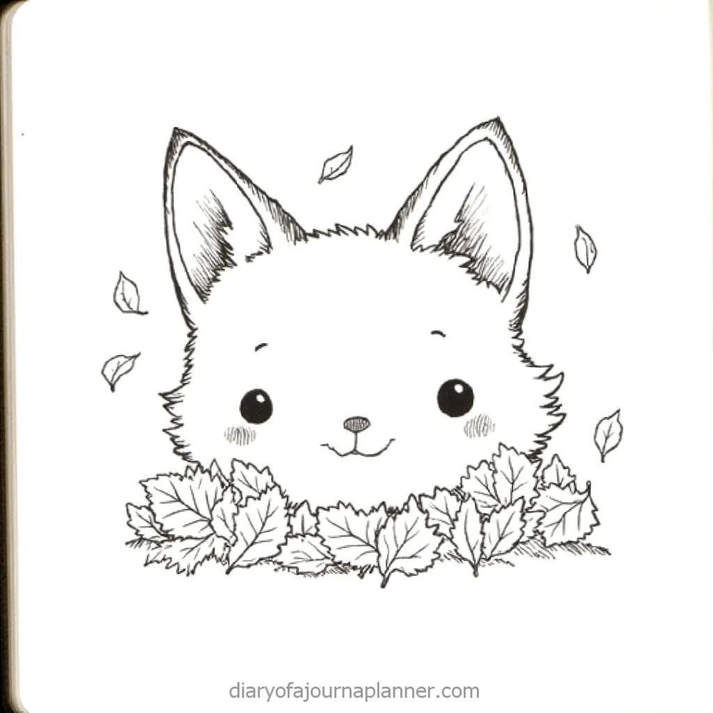 Cute cartoon fox peeking from autumn leaves, black and white illustration ideal for coloring pages.