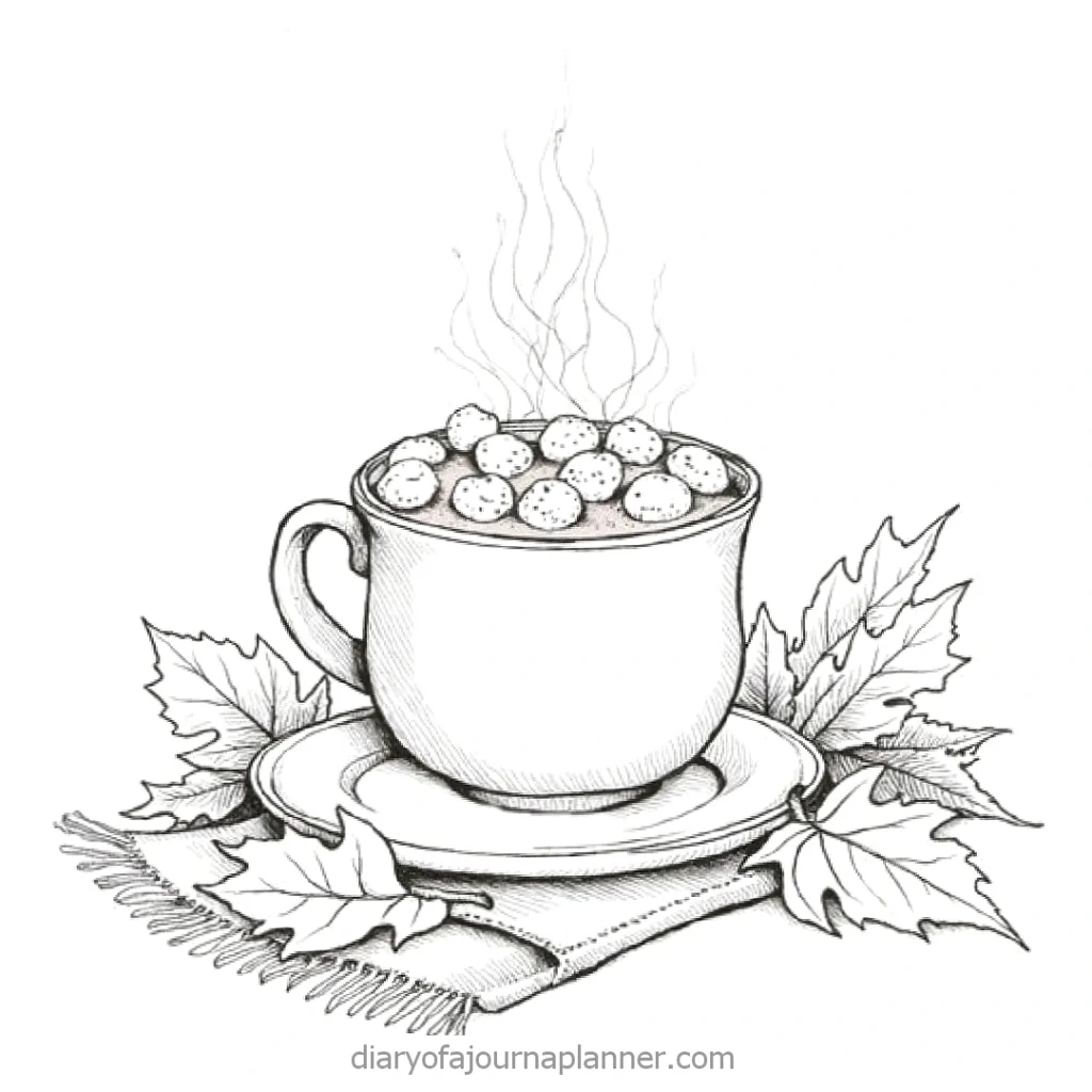 Hot chocolate with marshmallows in a cup, surrounded by autumn leaves on a napkin.