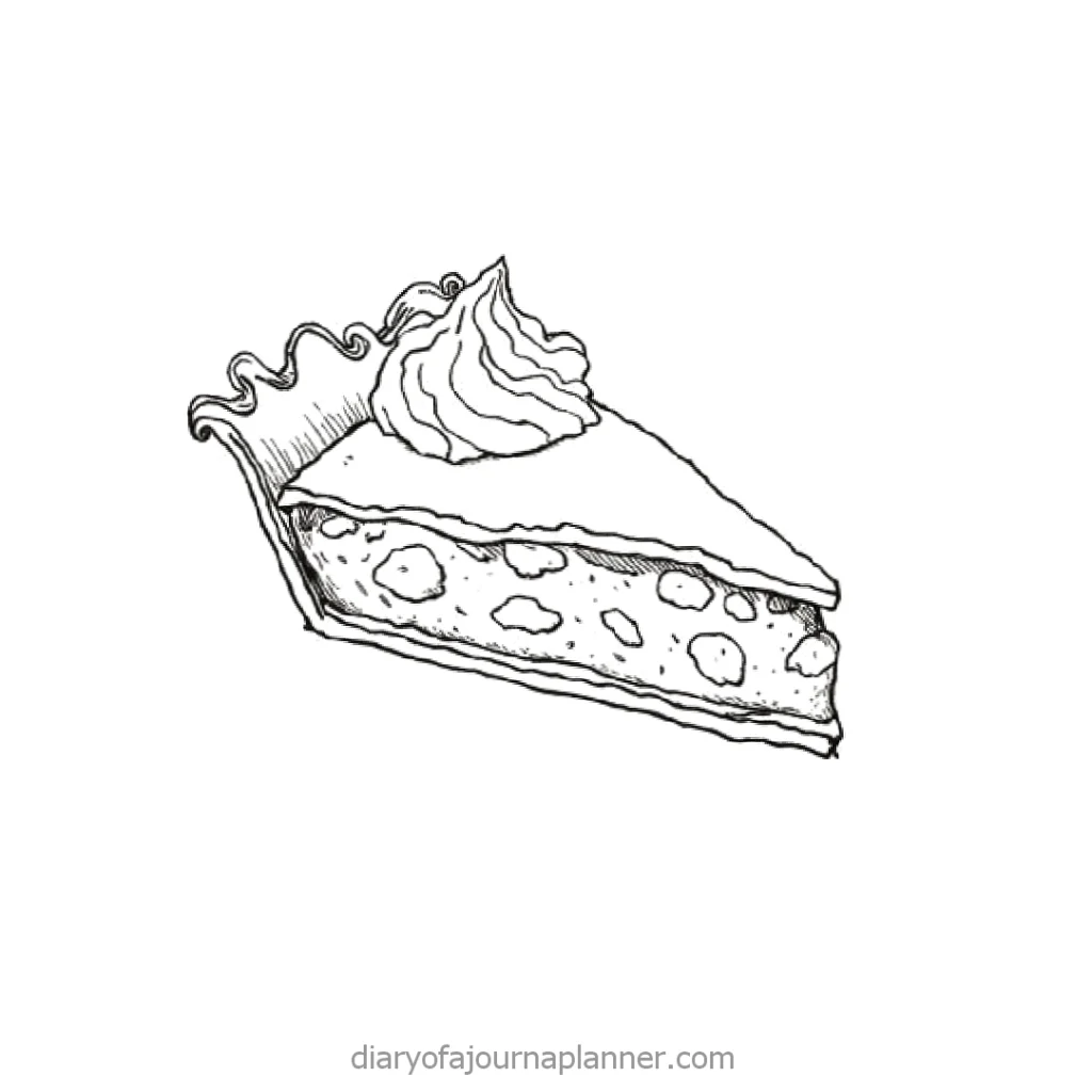 Sketch of a pie slice with whipped cream topping, crust detail and filling; dessert illustration for food lovers.