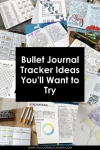 Bullet journal tracker ideas collage with habit, mood, and expense layouts for organization inspiration.