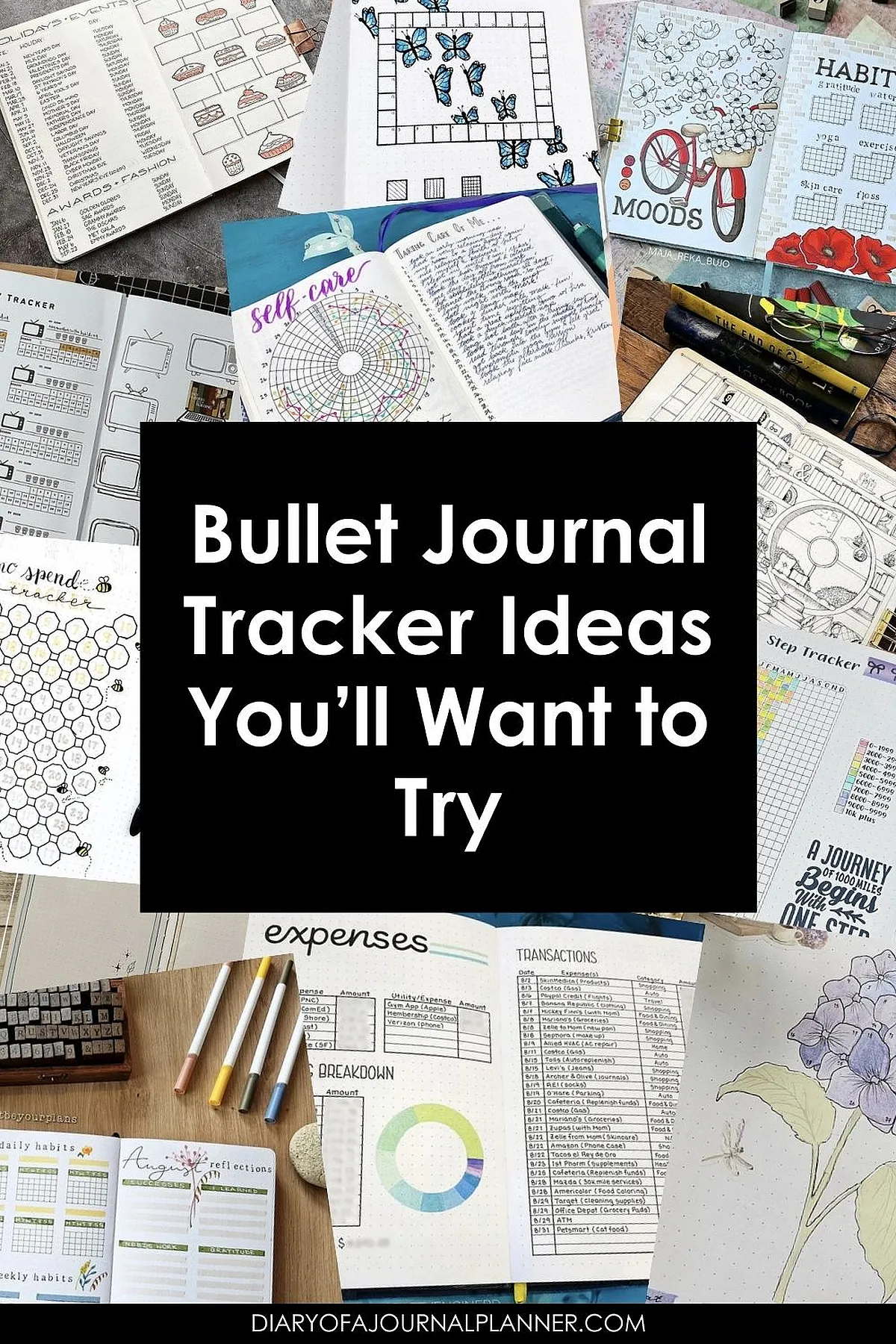 Bullet journal tracker ideas collage with habit, mood, and expense layouts for organization inspiration.