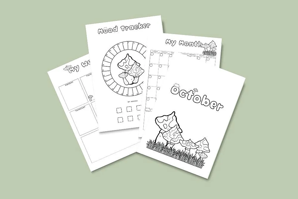 Printable October Bullet Journal with mood tracker and calendar pages; ideal for organizing and planning.