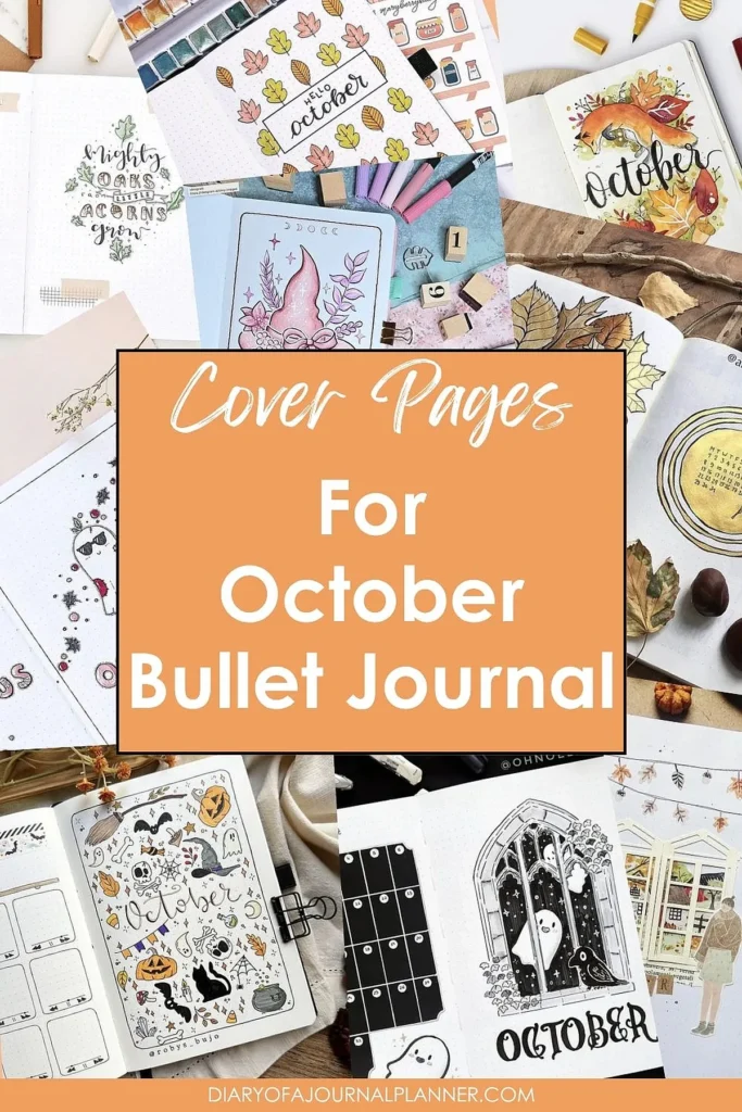 October bullet journal cover page ideas with autumn theme, featuring leaves, pumpkins, and Halloween designs.
