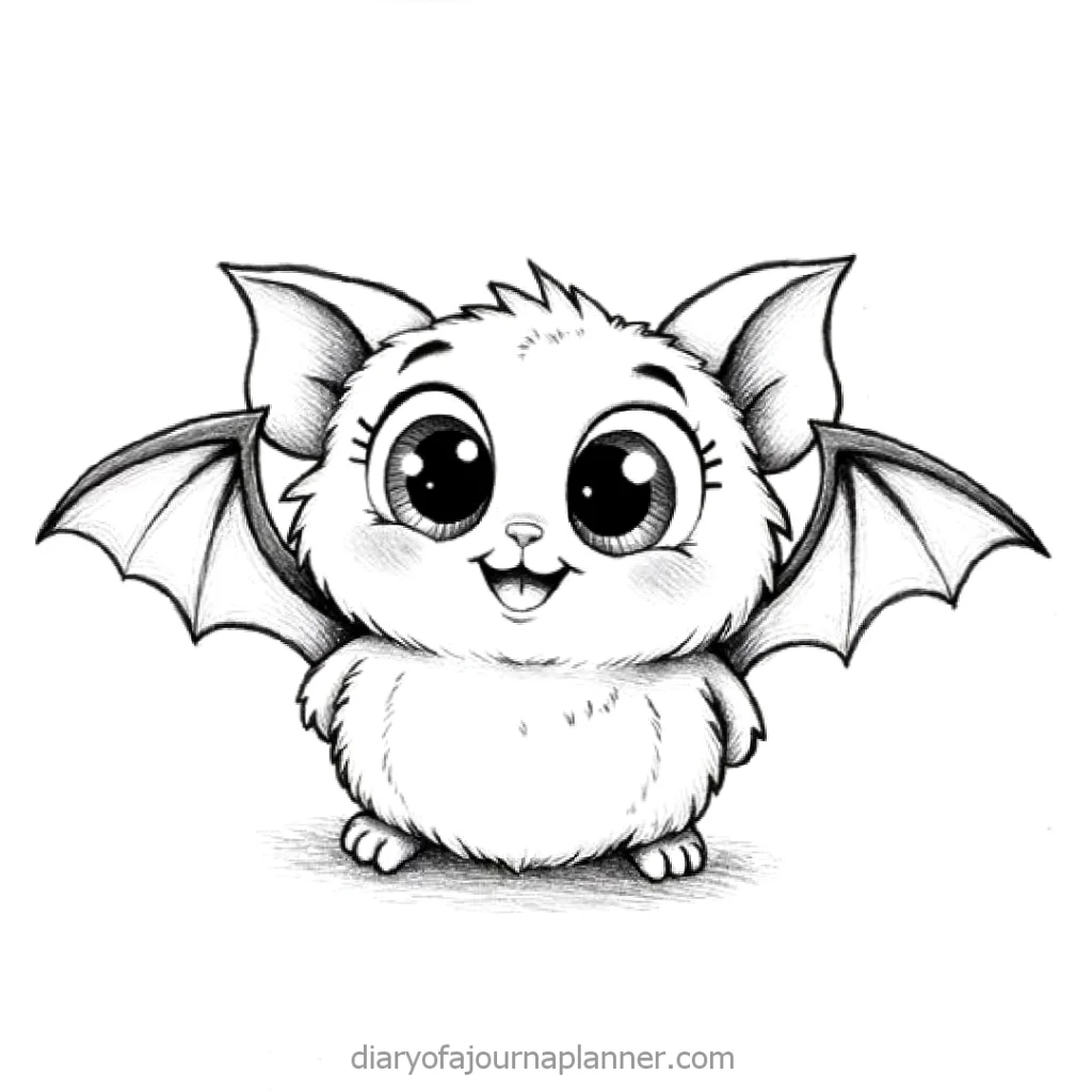 Adorable cartoon bat with big eyes and wings, black and white sketch style. Perfect for Halloween designs.