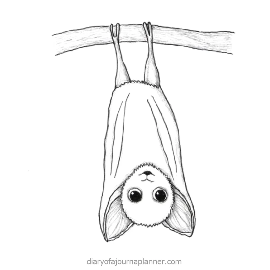 Cute cartoon bat hanging upside down on a branch, wrapped in its wings, with big eyes and fluffy ears.