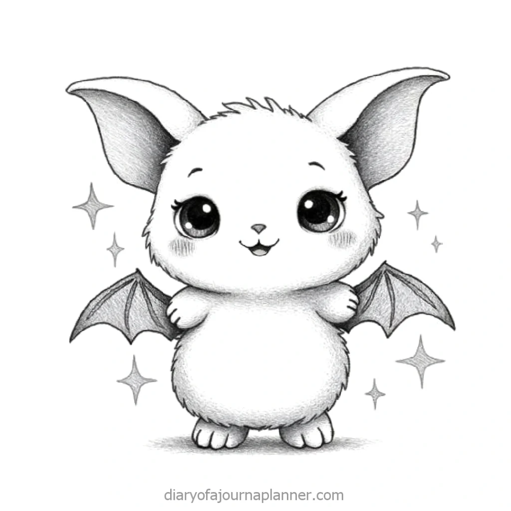 Cute cartoon bat with big eyes and tiny wings, surrounded by sparkling stars. Black and white sketch style.