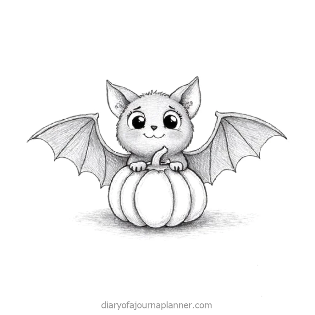 Cute bat sitting on a pumpkin, black and white sketch, perfect for Halloween themes and decorations.