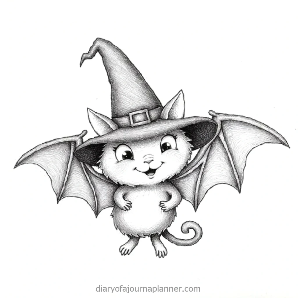Cute bat in a witch hat, cartoon-style Halloween illustration with wings spread, black and white drawing.