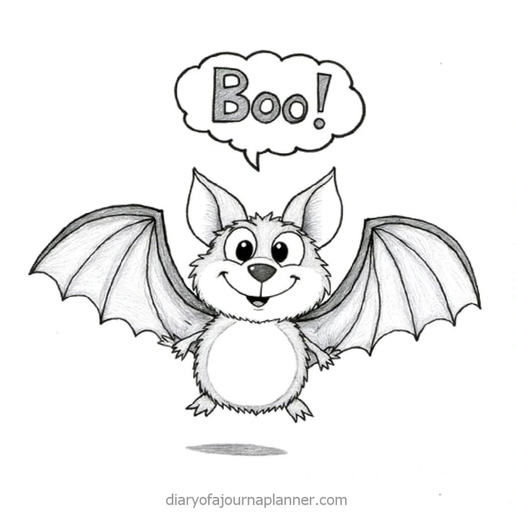 Cute cartoon bat saying Boo! in speech bubble, perfect for Halloween fun.