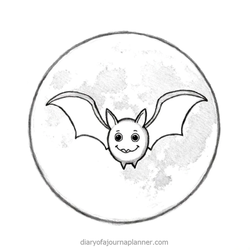 Cute cartoon bat flying in front of a full moon, drawn in black and white.