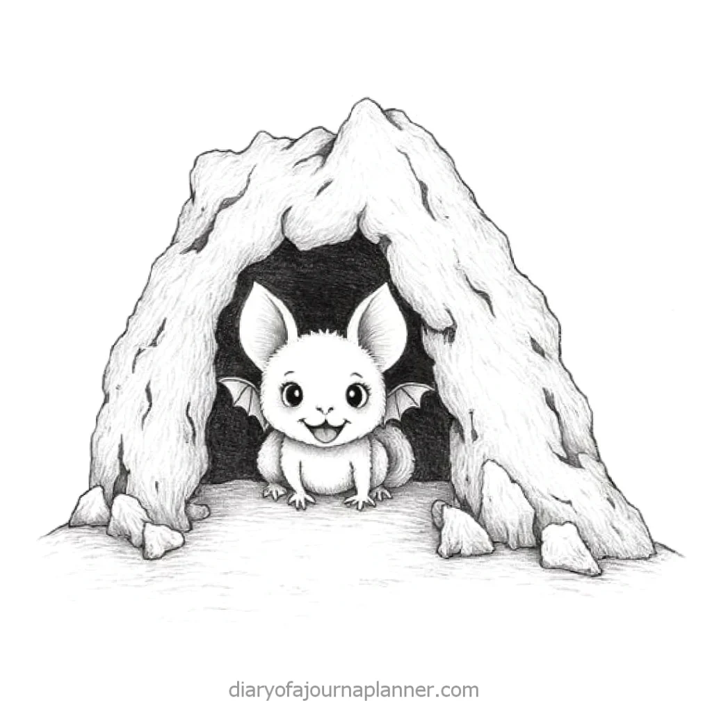 Cute cartoon bat smiling in a rocky cave, sketched in black and white.