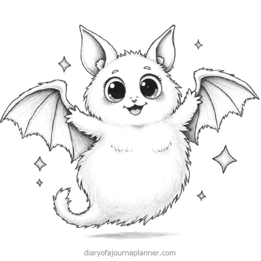 Adorable kawaii bat illustration with fluffy fur and wide eyes, surrounded by stars, in black and white.