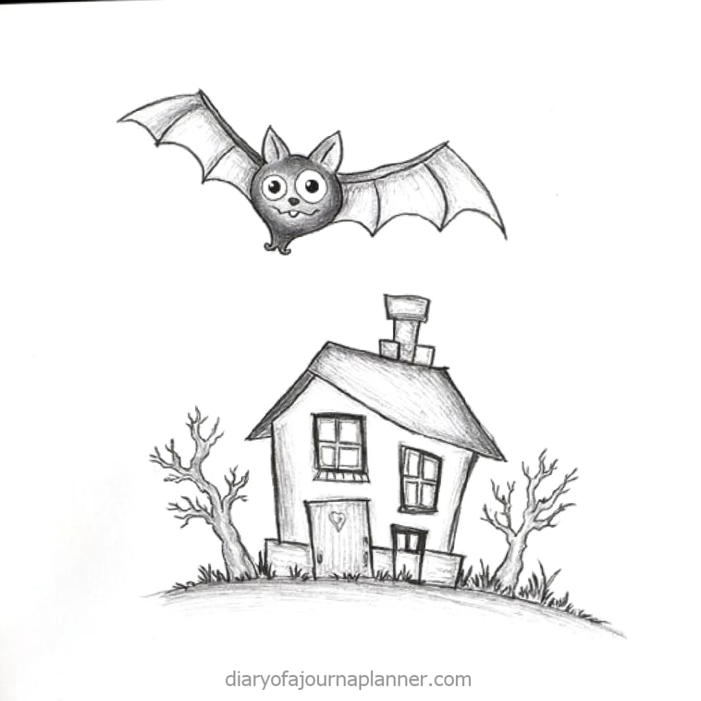 Cartoon bat flying over a tilted haunted house with barren trees, playful spooky vibe.