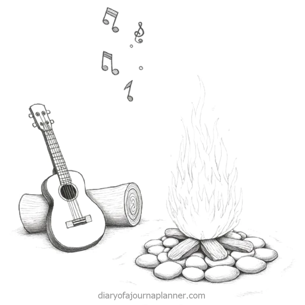 Illustration of a guitar by a campfire with musical notes, evoking a cozy outdoor music scene.