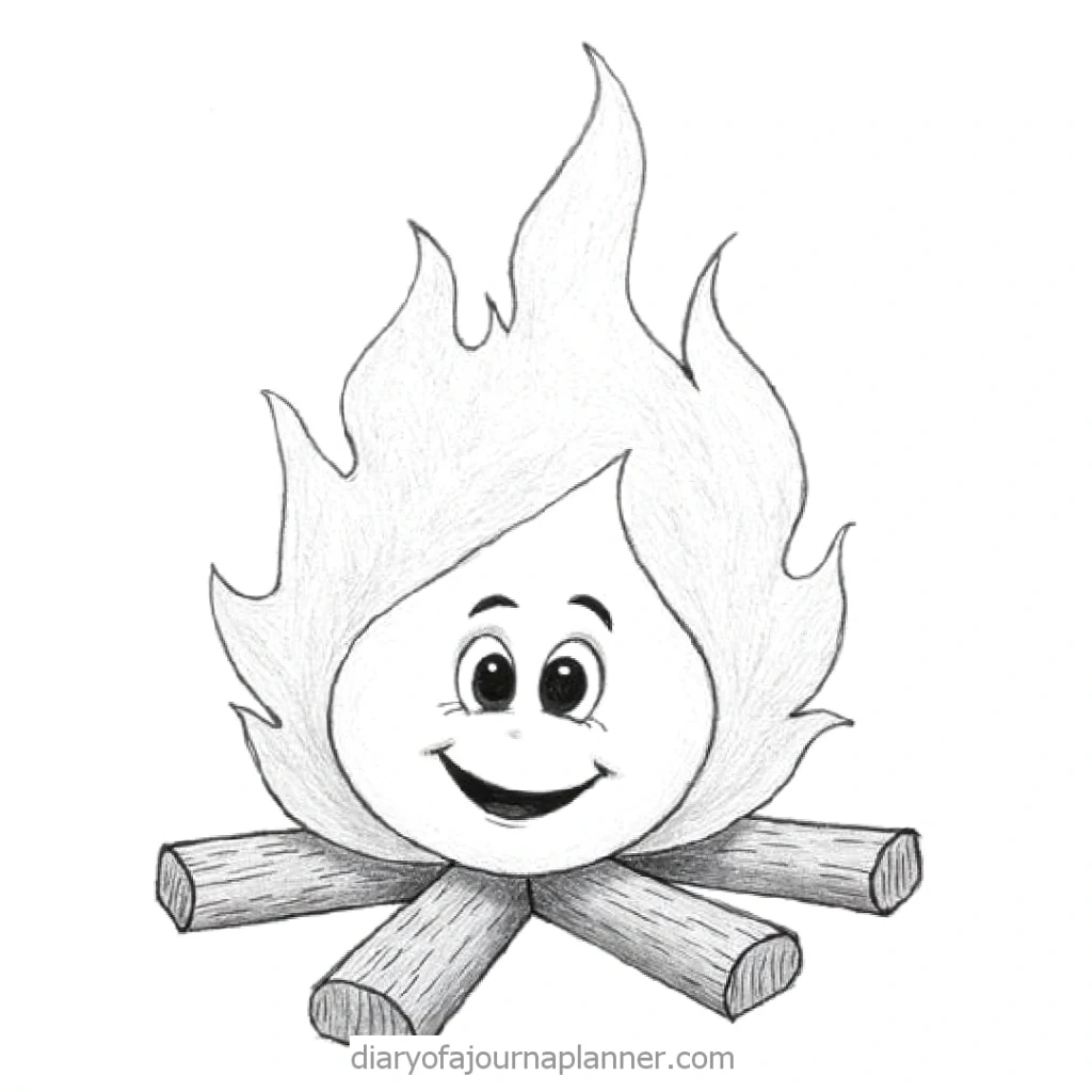 Smiling campfire cartoon with happy face and logs, black and white sketch.