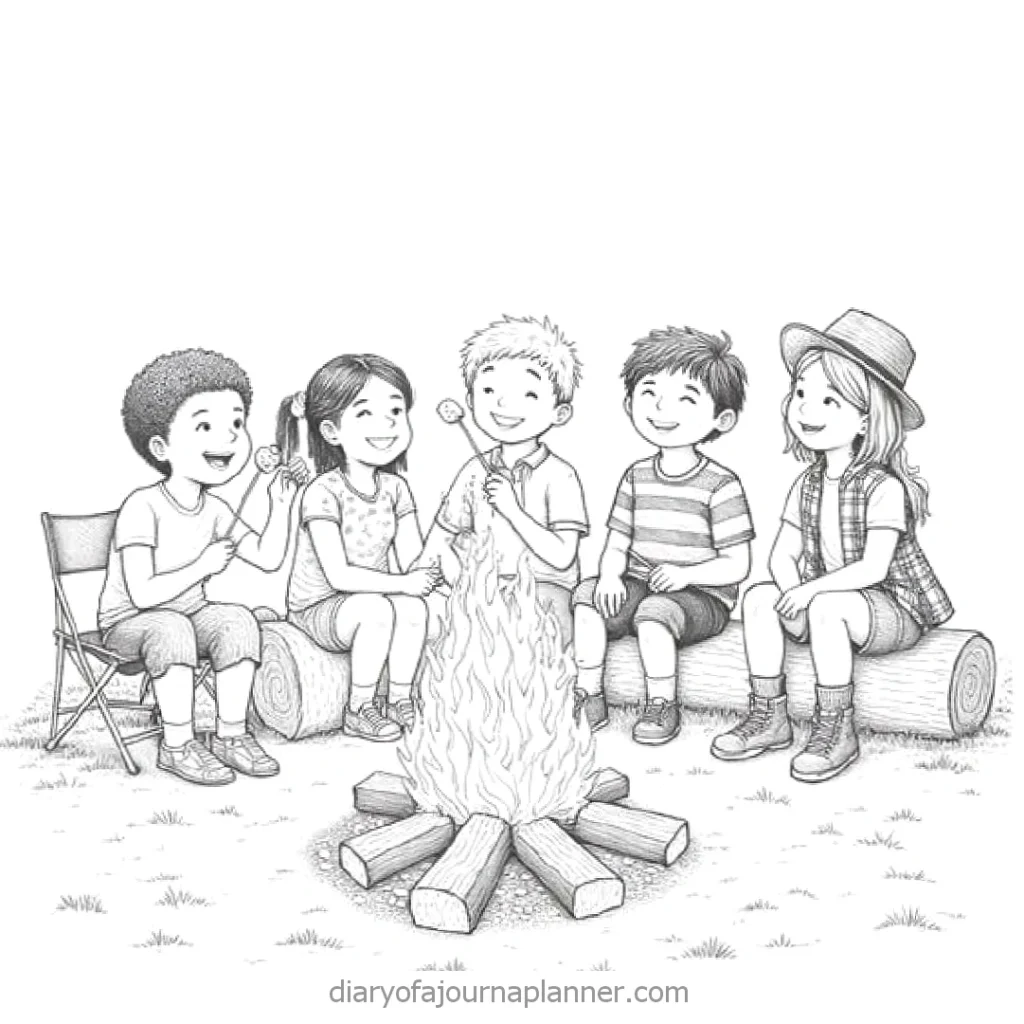 Children roasting marshmallows around a campfire, enjoying outdoor camping fun and friendship.