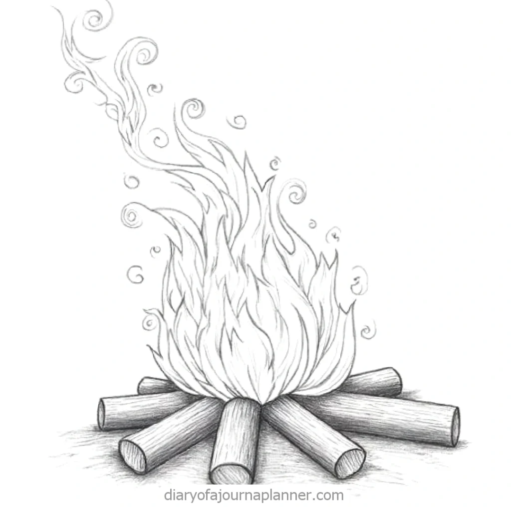 Sketch of a campfire with swirling flames and logs, ideal for outdoor adventure themes.