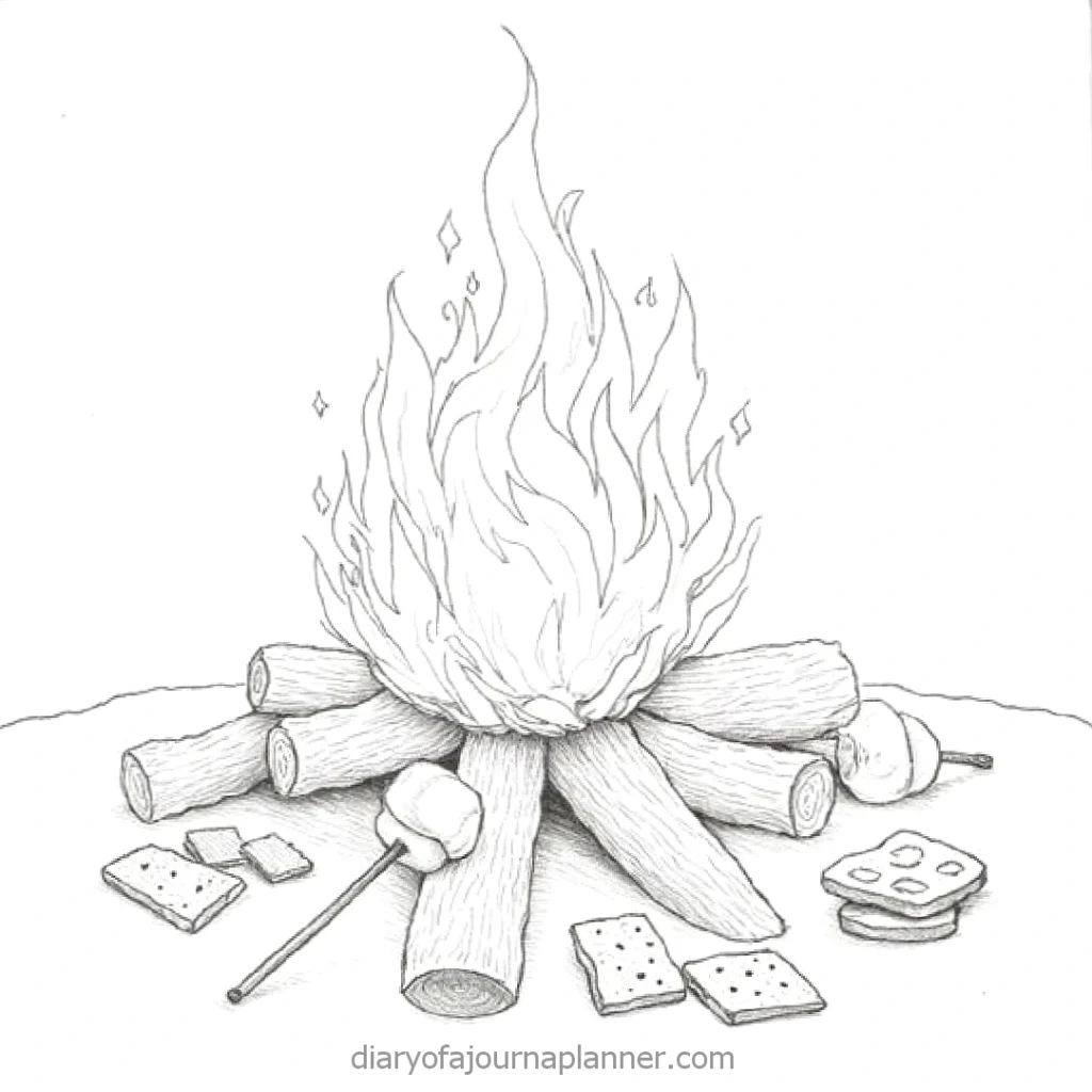 Illustration of a campfire with marshmallows and ingredients for s'mores, featuring logs and flames. Perfect camping scene.