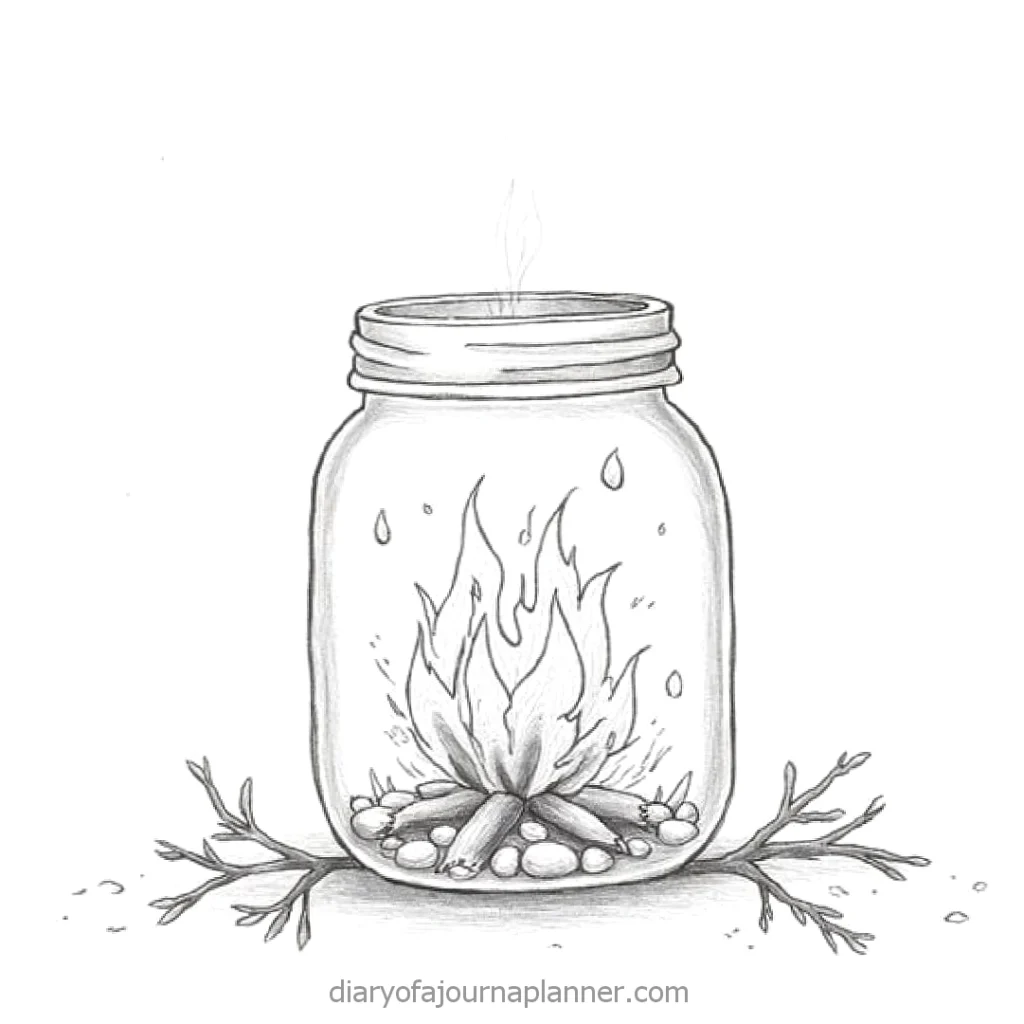 Illustration of a campfire in a jar, surrounded by twigs and stones, symbolizing warmth and nature's elements.