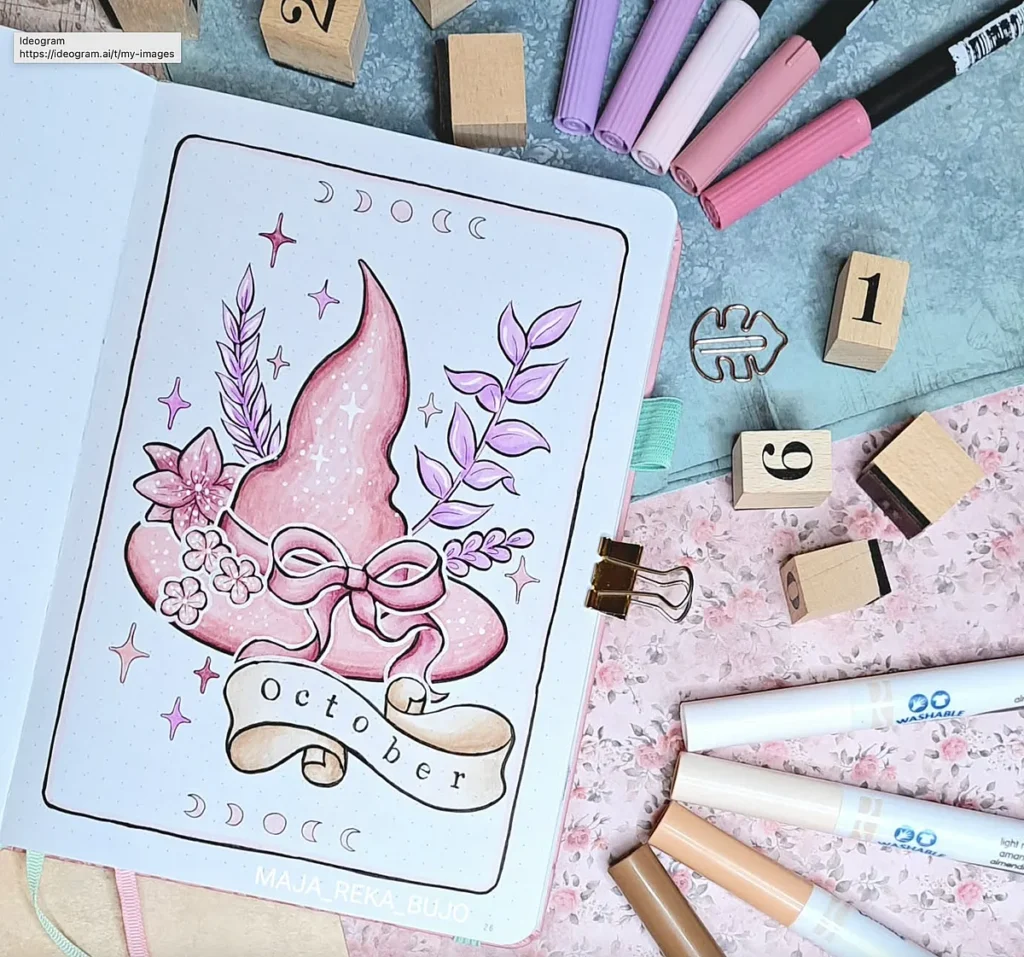 Bullet journal with a pink witch hat doodle for October, surrounded by floral patterns and pastel markers.