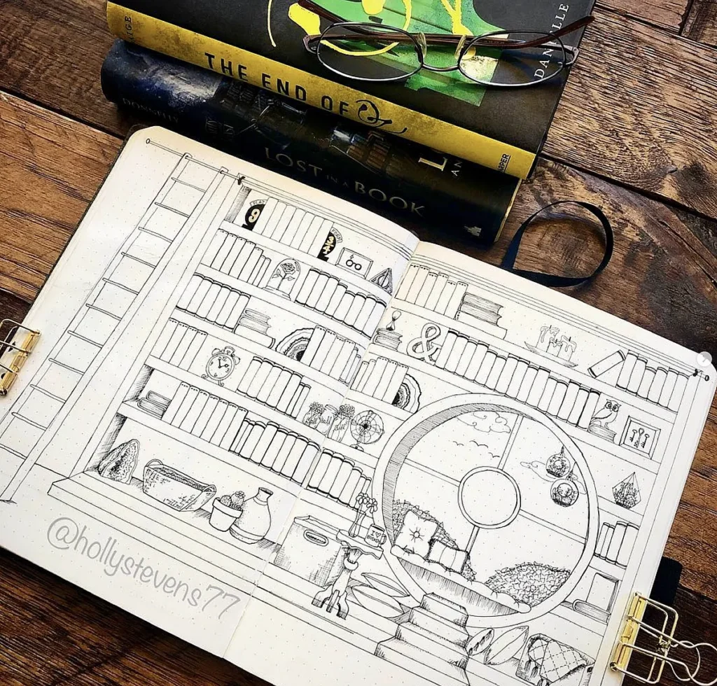 Illustrated sketch of a detailed bookshelf in a notebook on a wooden desk with stacked books and glasses nearby.