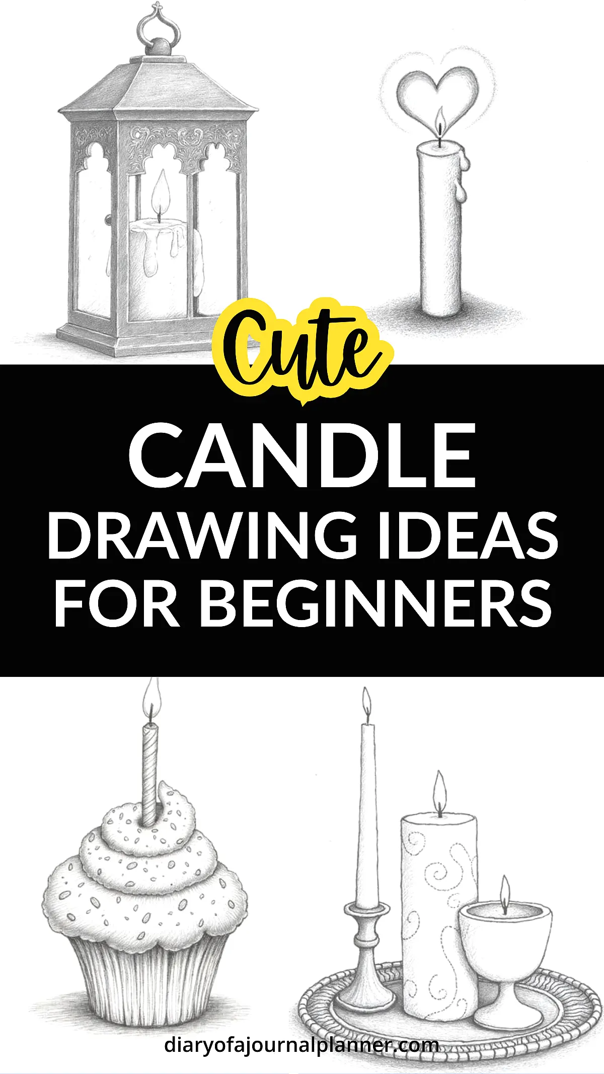Cute candle drawing ideas for beginners featuring lanterns, hearts, cupcakes, and more.