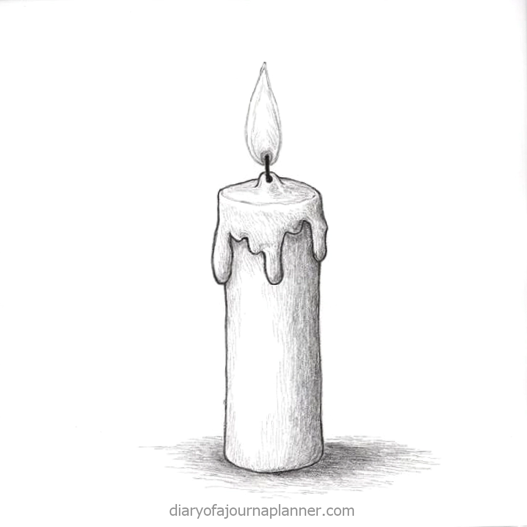 Hand-drawn candle illustration with melting wax and flame on white background. Simple and artistic light decor.