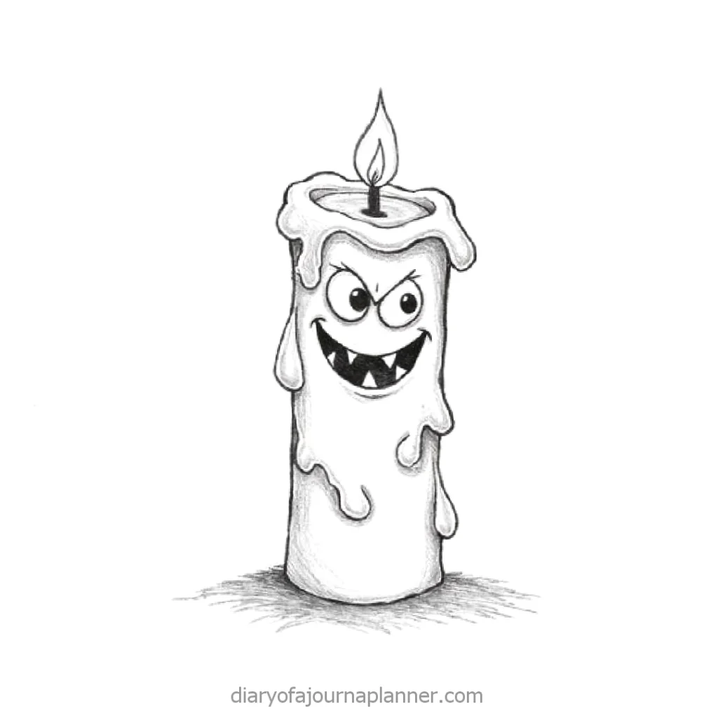 Cartoon candle with a spooky, grinning face and dripping wax, perfect for Halloween-themed projects.