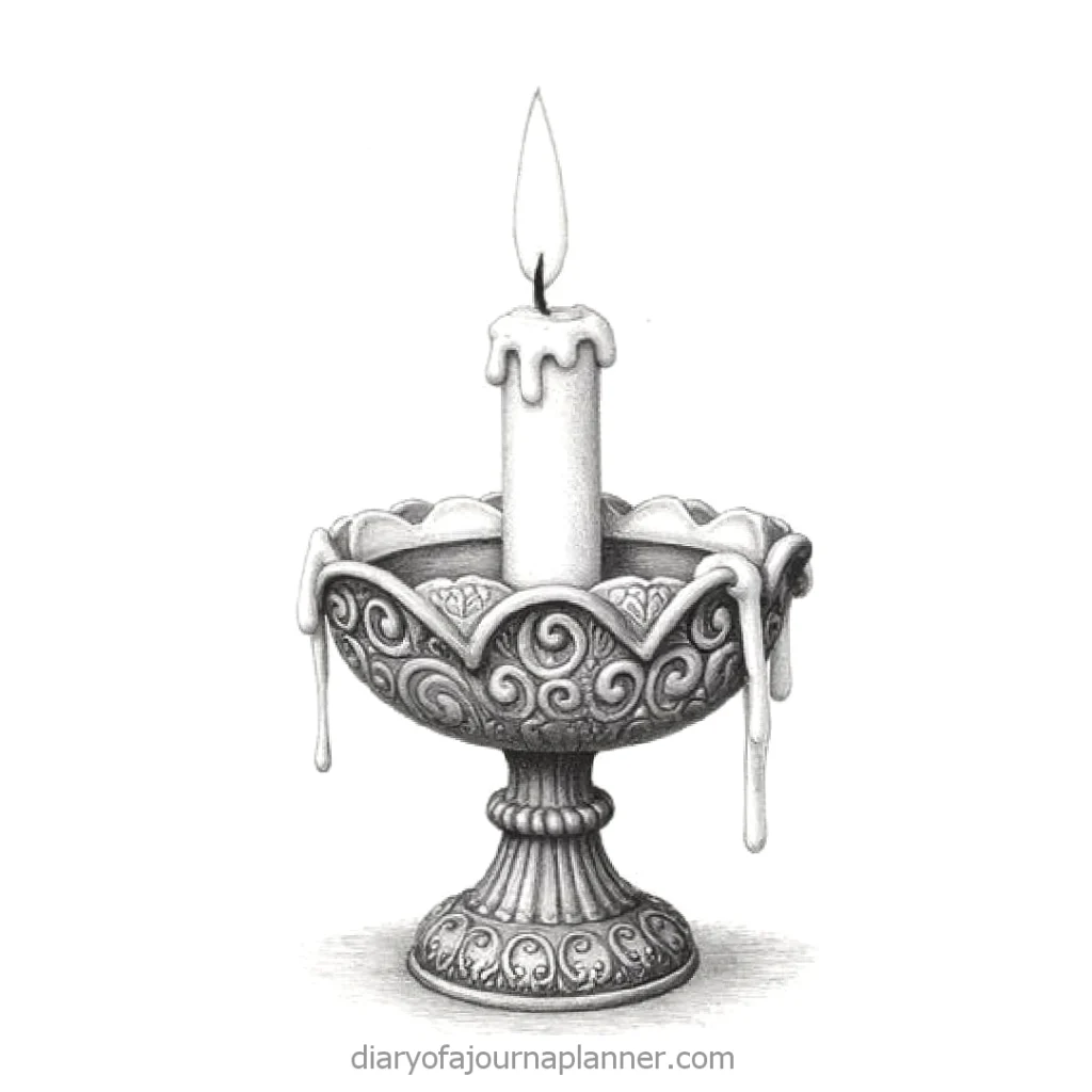 Ornate candle with melting wax in an elegant, detailed holder, sketched in grayscale.
