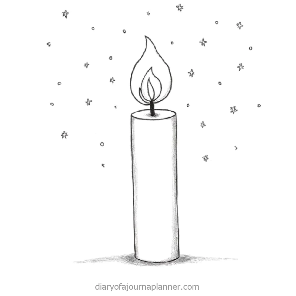 Sketch of a lit candle with starry accents, symbolizing warmth and tranquility.