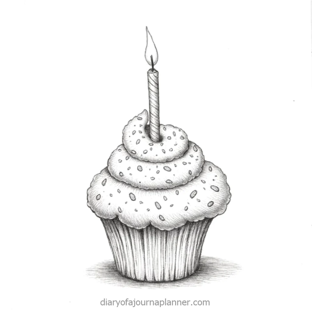 Illustrated cupcake with frosting, sprinkles, and a lit candle on top, set against a white background.