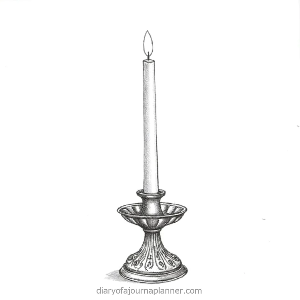 Elegant vintage candle holder with tall, lit candle sketch on white background. Classic decor illustration.