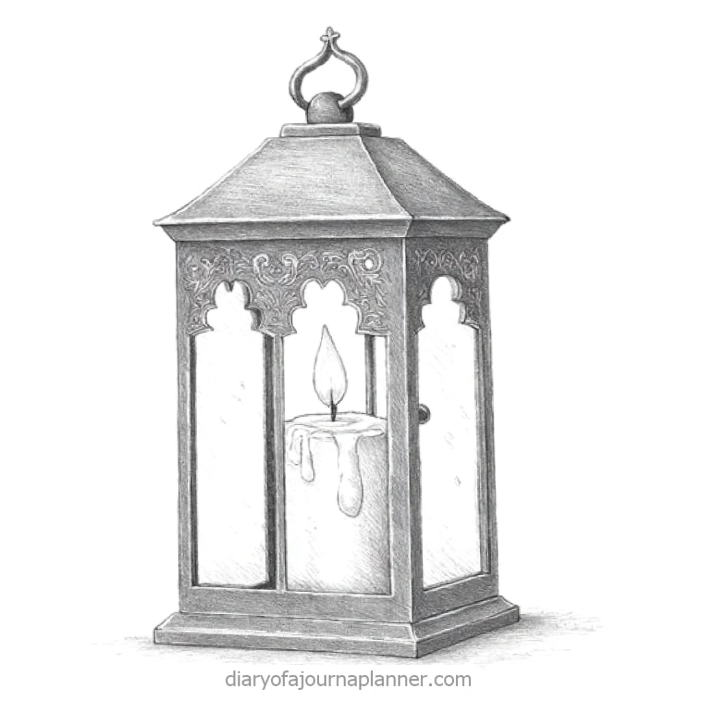 Hand-drawn vintage lantern with a glowing candle inside, showcasing intricate design details.