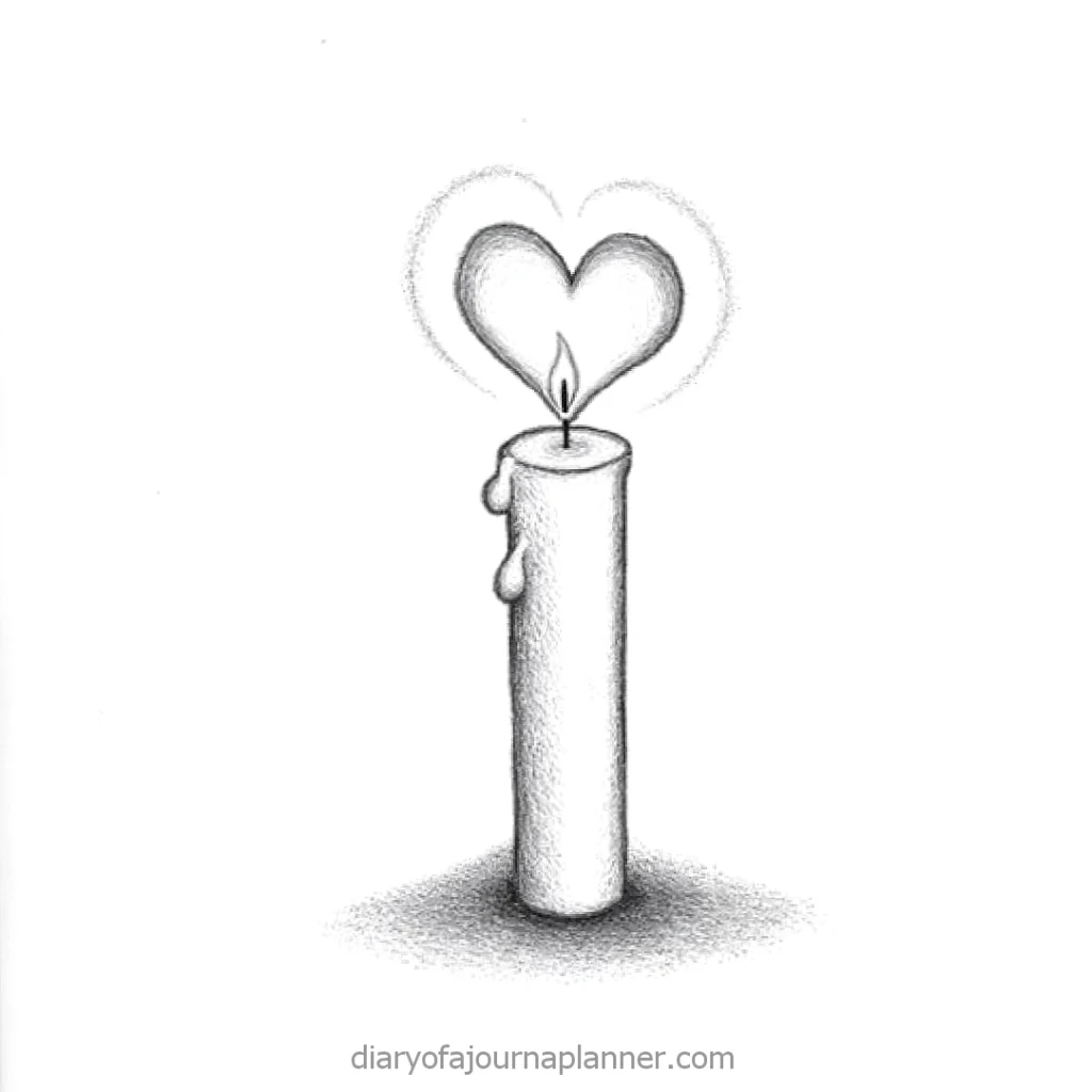 Hand-drawn candle with a heart-shaped flame, symbolizing love and warmth in a minimalist sketch style.
