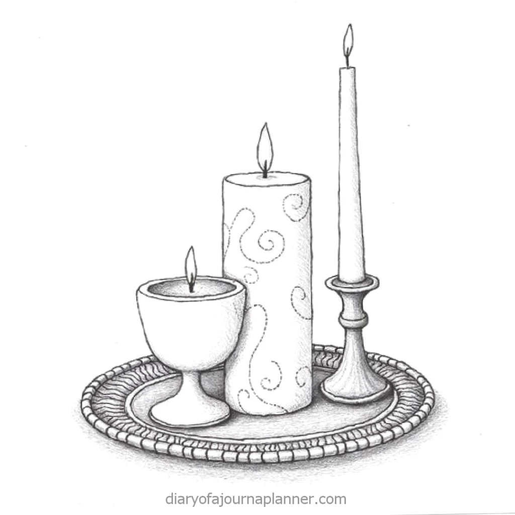 Illustration of three candles on a decorative tray, including a pillar, tapered, and round candleholder design.