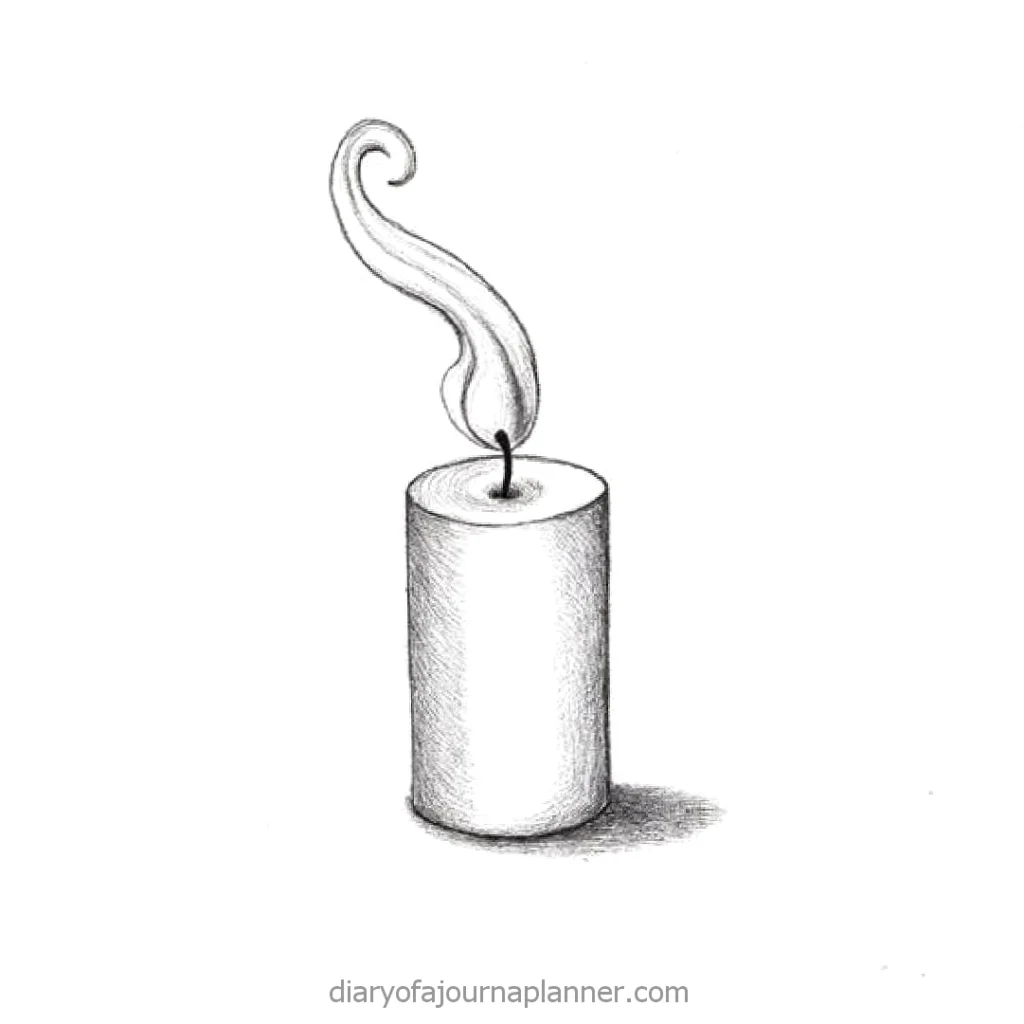 Hand-drawn candle with a unique swirling flame, grayscale sketch.