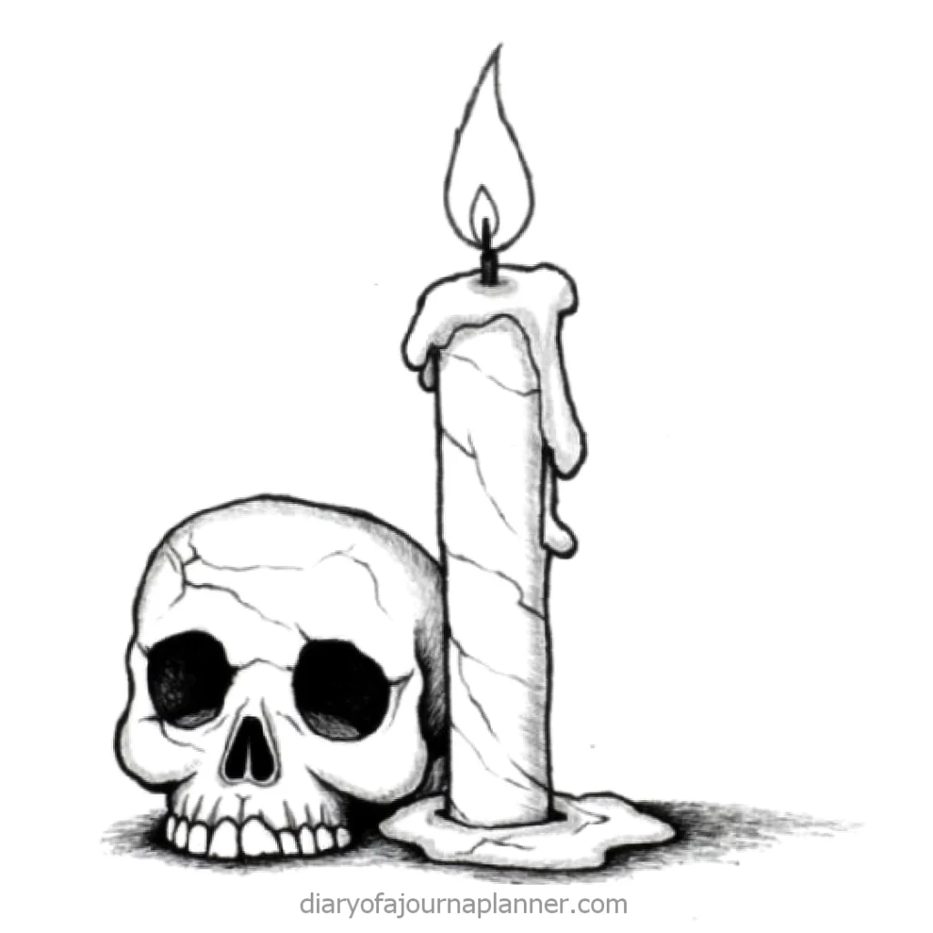 Skull beside a lit candle with dripping wax, black and white drawing. Halloween decoration concept.