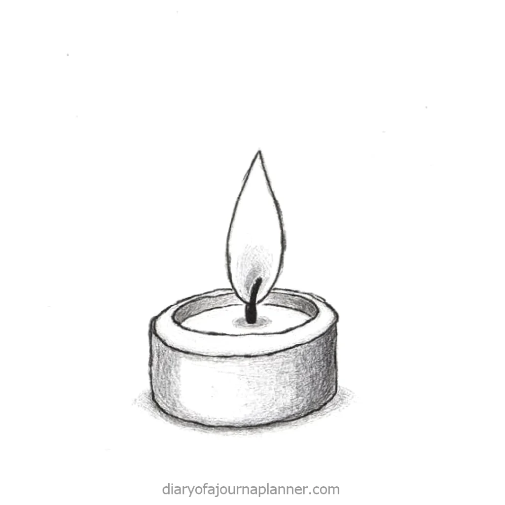 Illustration of a single lit tealight candle sketch on a white background, providing a calming zen vibe.