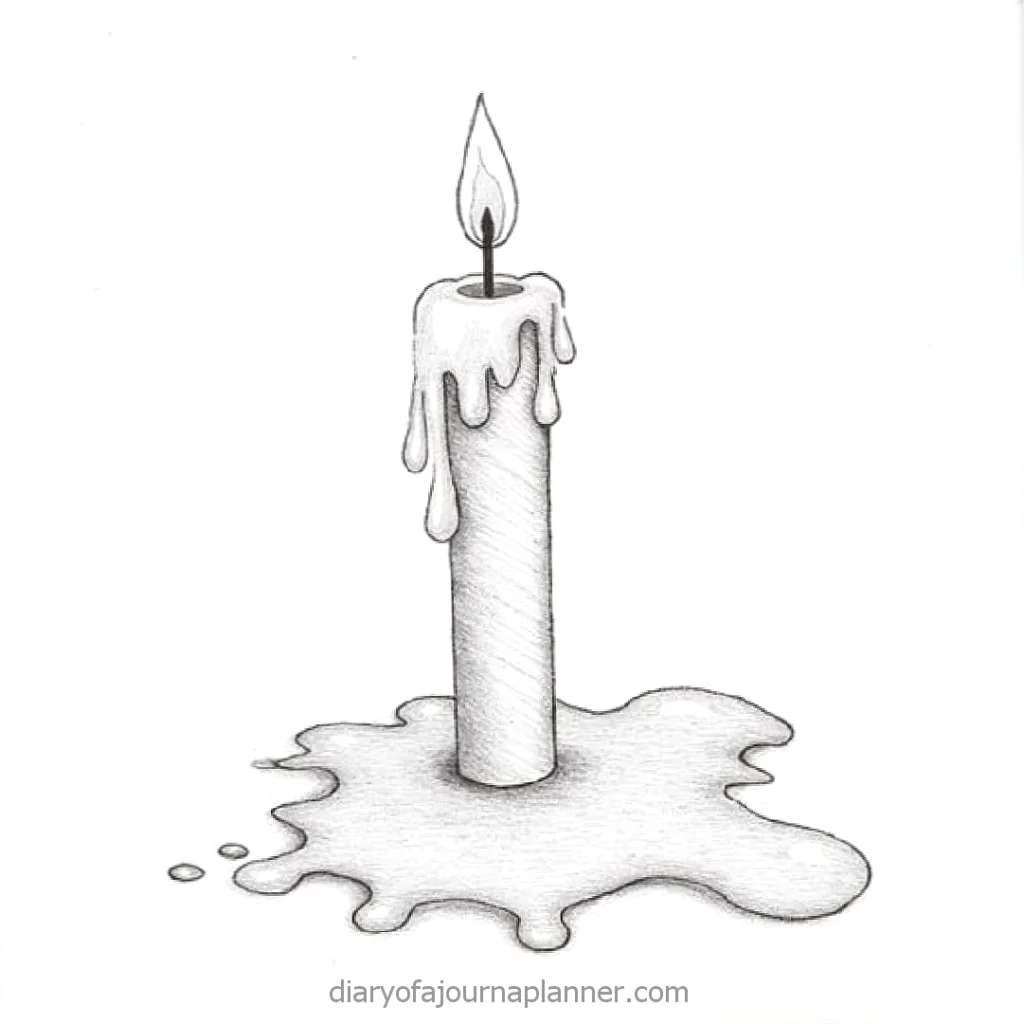 Pencil sketch of a lit candle with dripping wax and melted puddle. Simple, hand-drawn illustration.