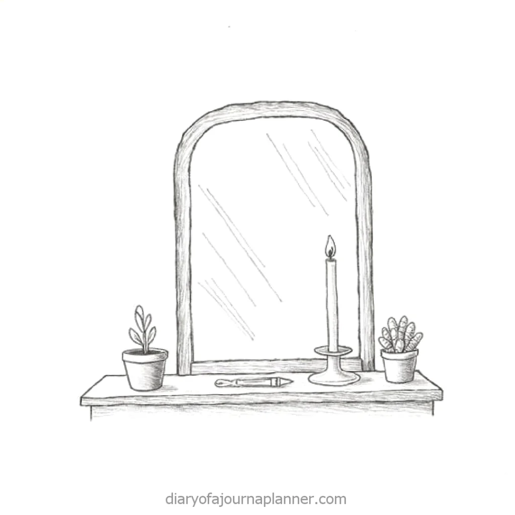 Hand-drawn mirror on shelf with candle, plant pots, and pen. Simple and minimalist artistic design.