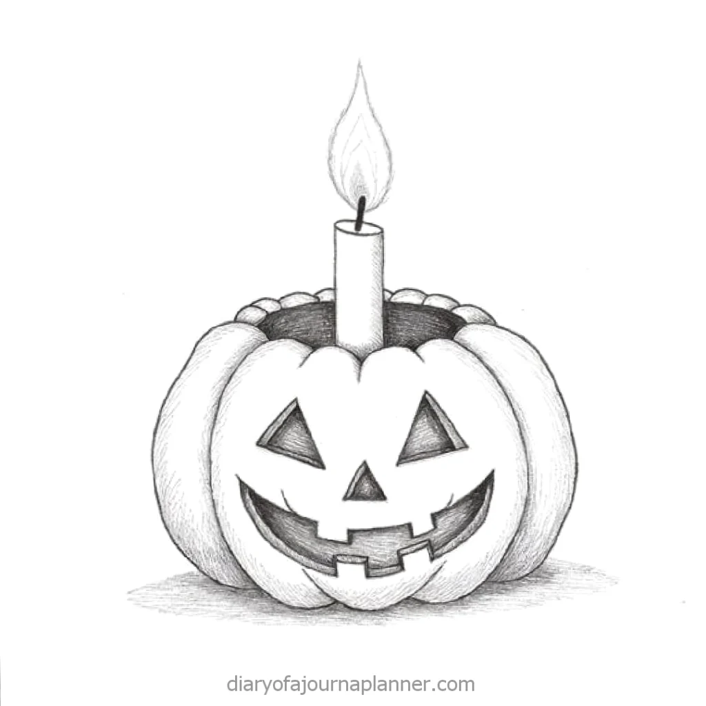 Spooky pencil sketch of a smiling jack-o'-lantern with a candle on top, perfect for Halloween decor inspiration.