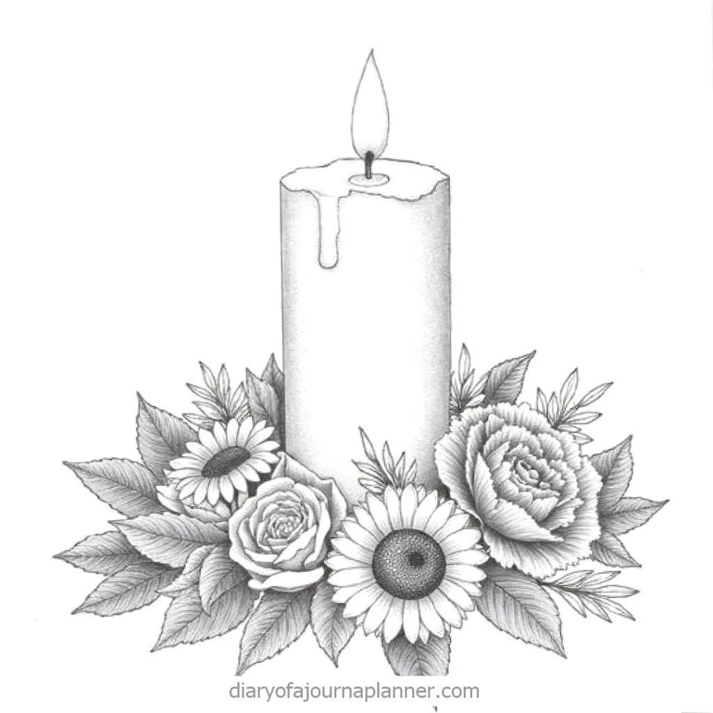 Line art of a burning candle surrounded by roses and sunflowers, ideal for coloring books or DIY projects.