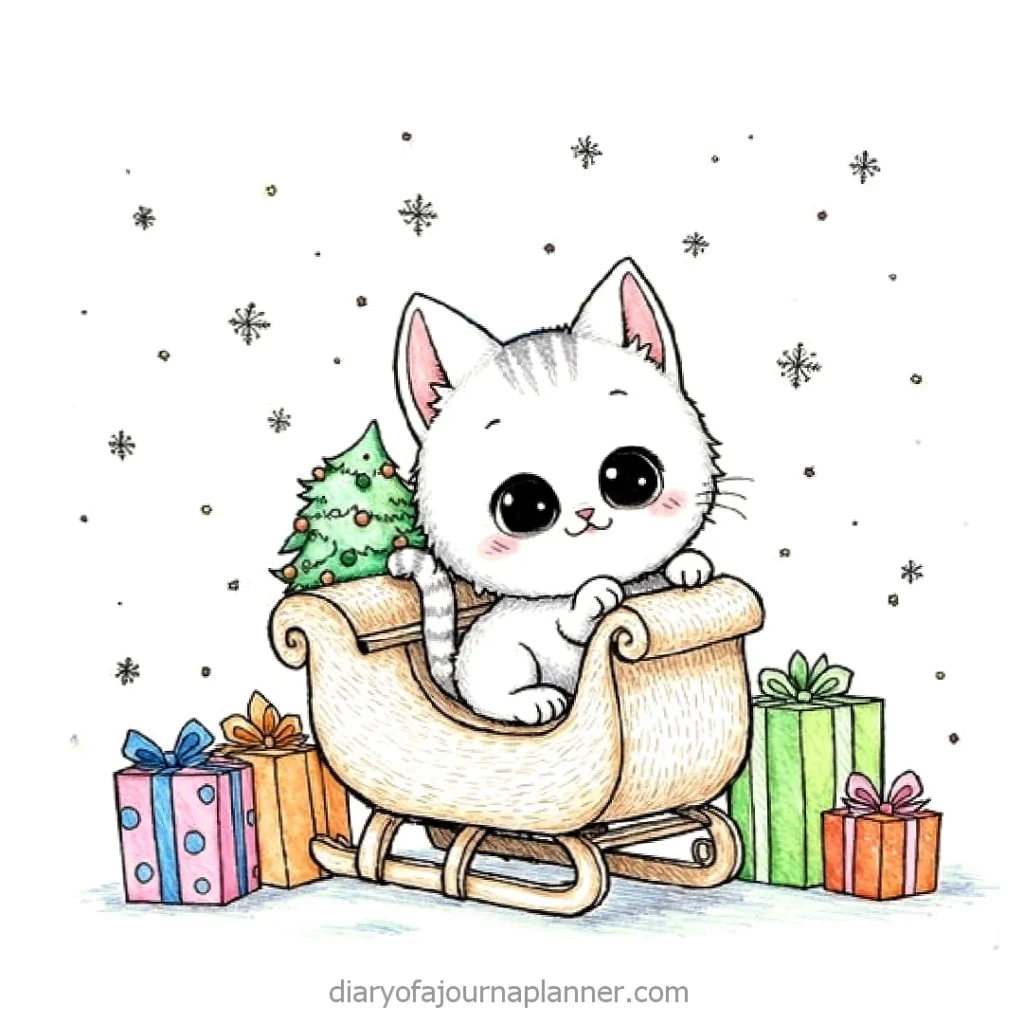 Cute kitten in sleigh with gifts and a tiny Christmas tree, surrounded by snowflakes.