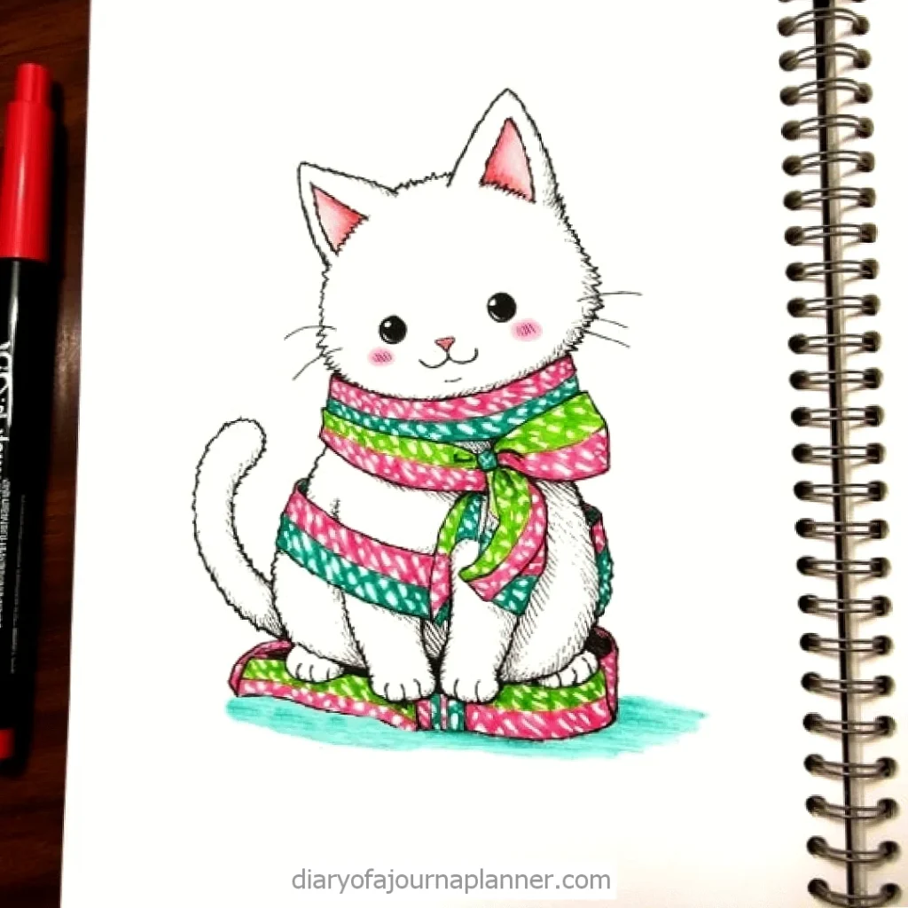Cute illustrated cat wrapped in colorful scarves, sitting on a notebook with a red marker beside it.