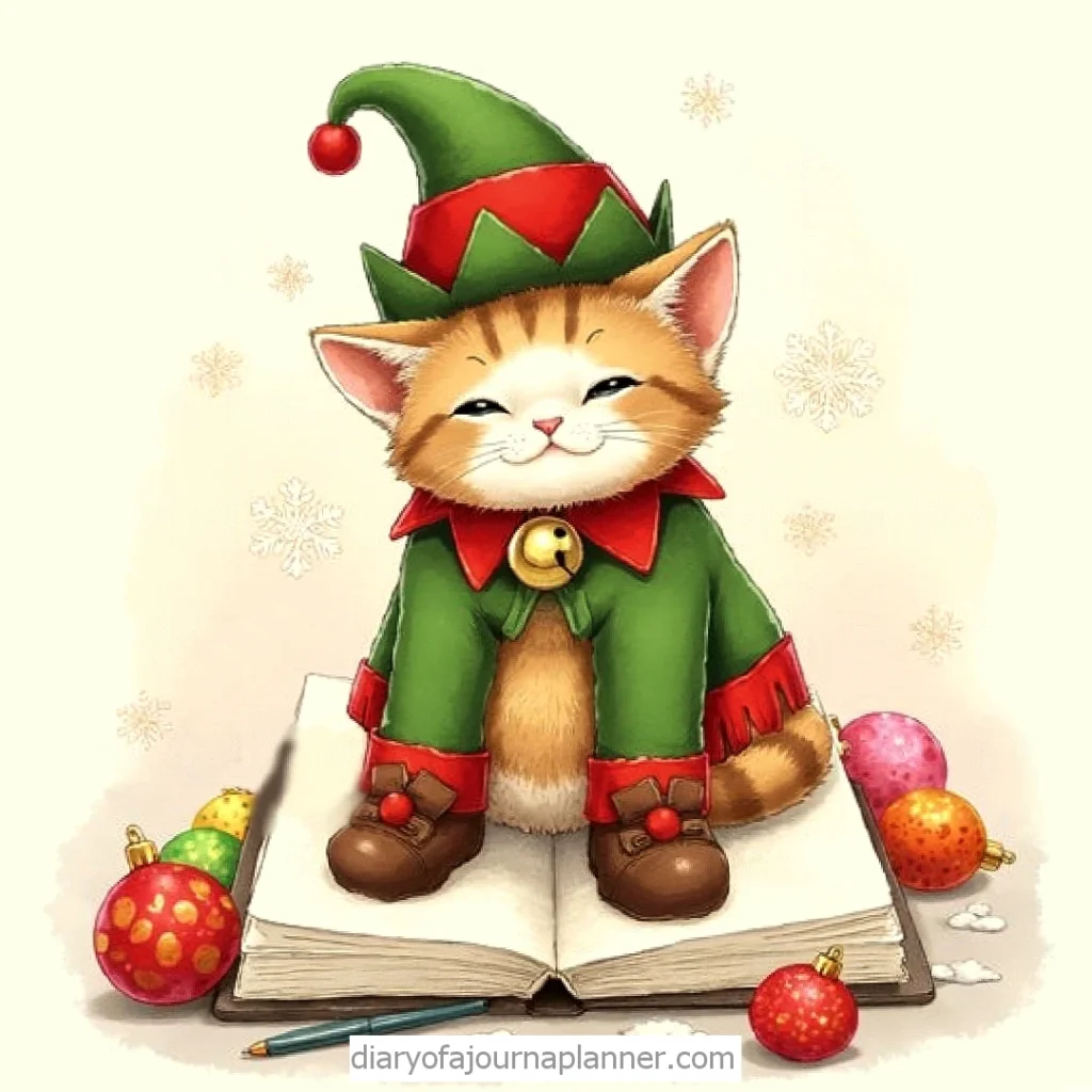 Smiling kitten in an elf costume sitting on an open book surrounded by festive ornaments and snowflakes.