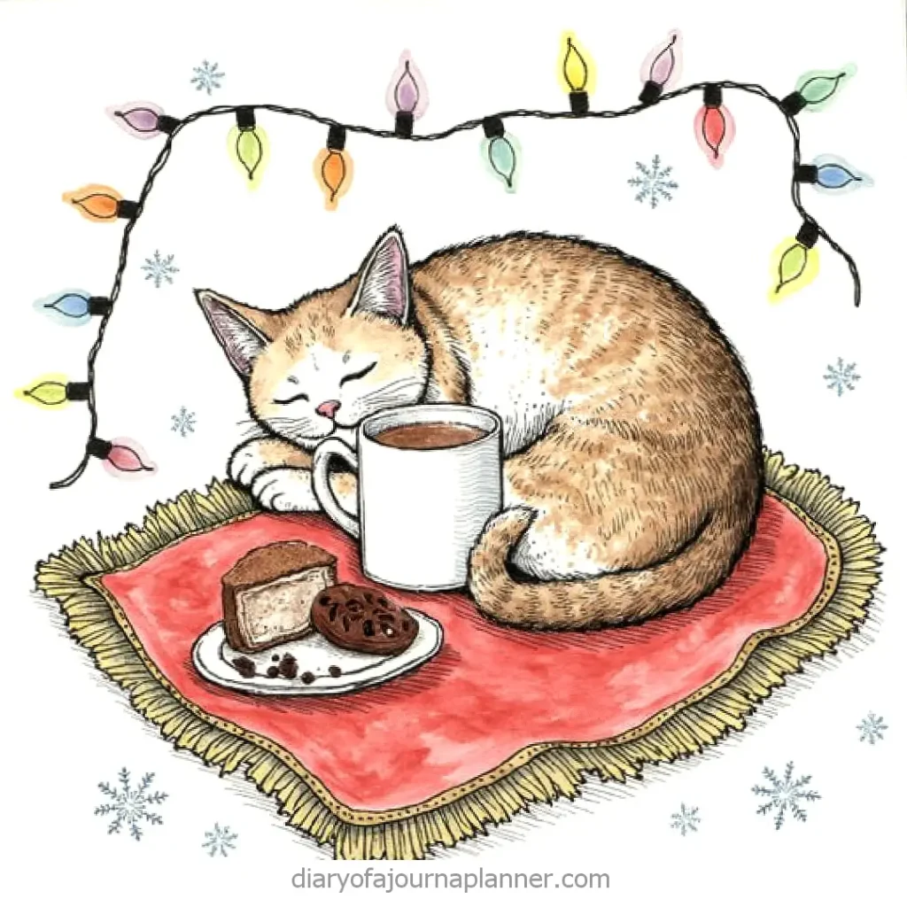 Cozy cat sleeping on a mat with hot drink and pastries, surrounded by colorful string lights and snowflakes.