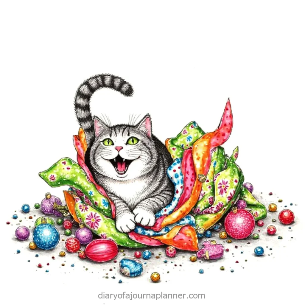 Cheerful cat playing in colorful fabrics and surrounded by festive ornaments.