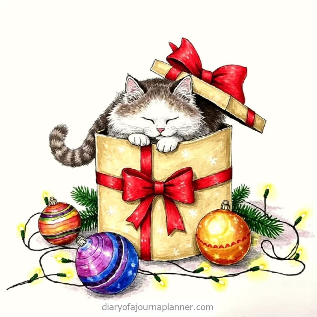 Cute cat sleeping in holiday gift box surrounded by colorful Christmas ornaments and twinkling lights.
