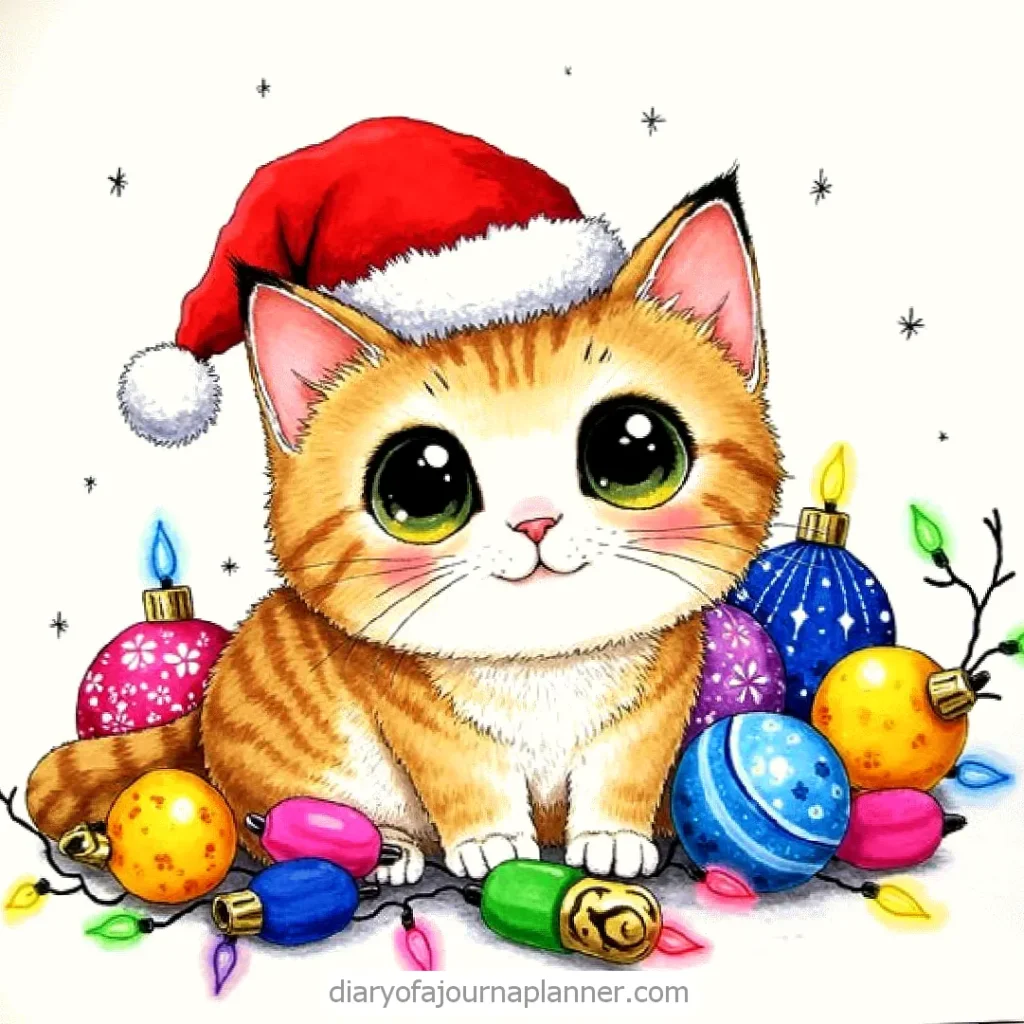 Cute kitten in Santa hat surrounded by colorful Christmas ornaments and festive lights.